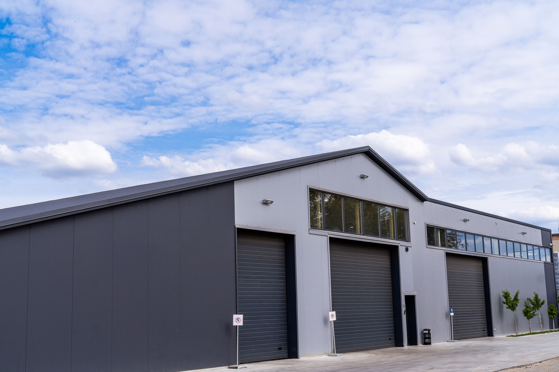 Exterior of modern warehouse with office units